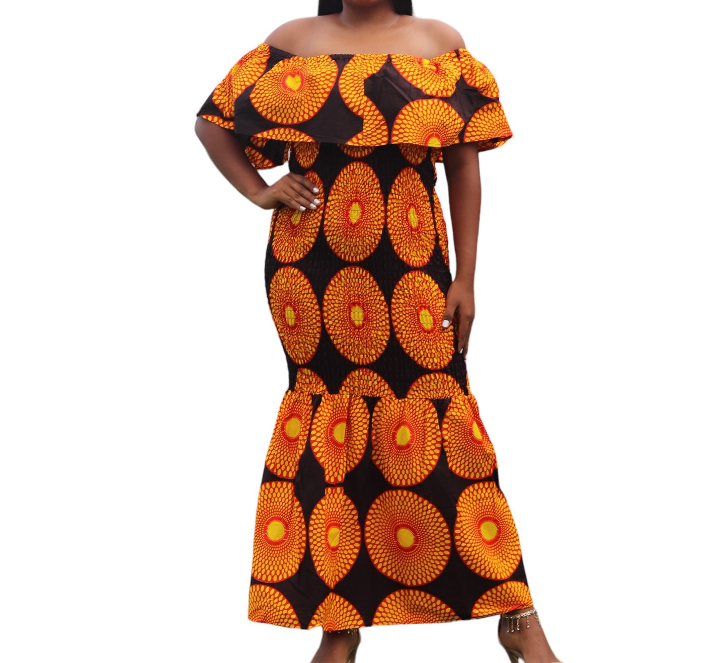 Smoking Off-Shoulder Ruffle Orange Sunburst Dress